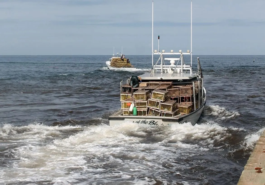 Lobster fishing boat loaded with traps in Tignish harbour, Prince Edward Island